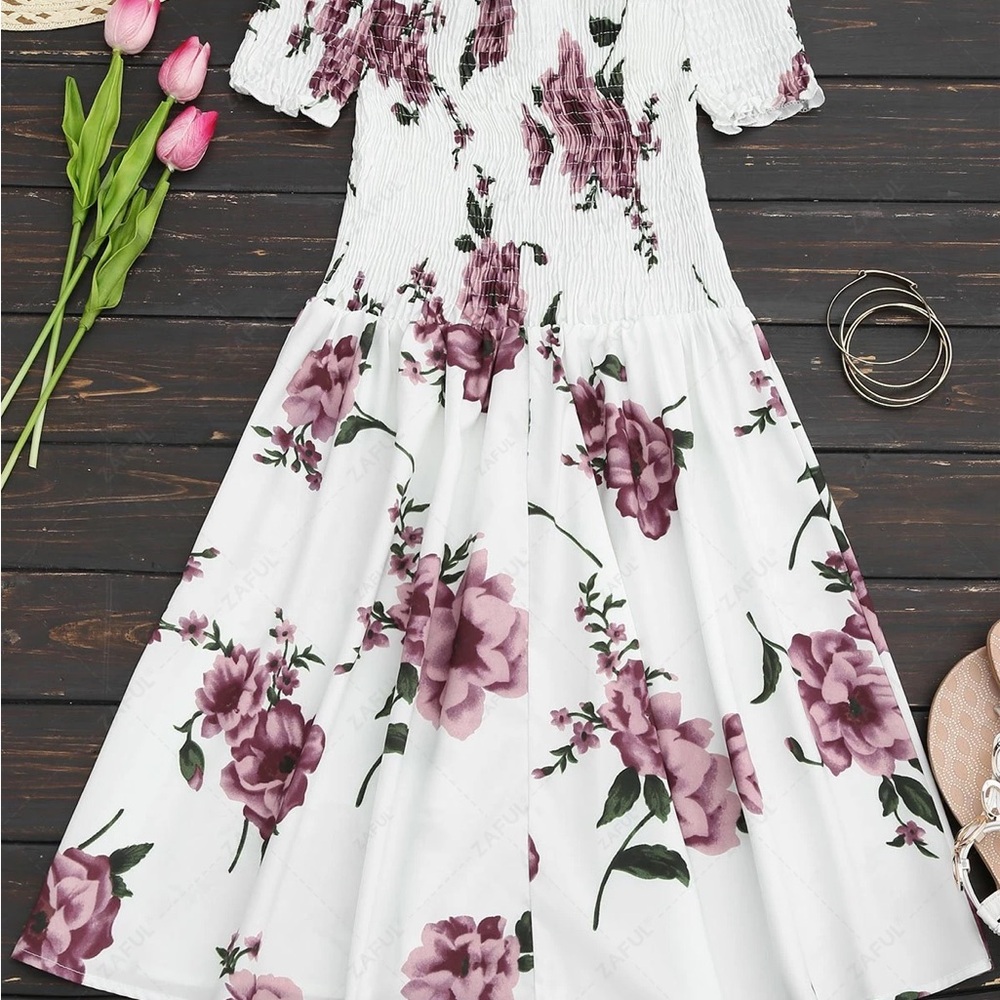 SHEIN White and Purple Floral Midi Dress